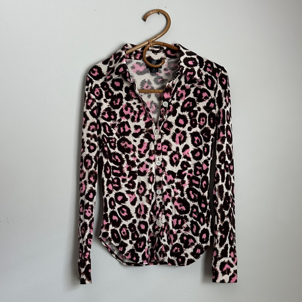 Pink Tartan Pink, Hard to Find Brown and Cream Leopard Print Button-Down Shirt